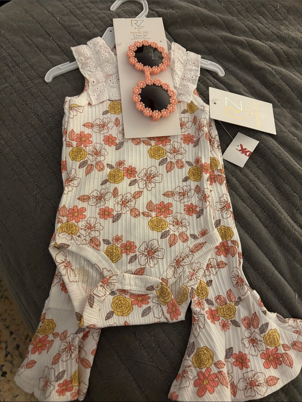 Rachel Zoe Floral Ruffle Baby Romper in Cream, Yellow & Pink